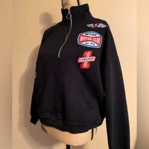 VINYL ICON 60% cotton black 1/4 zip racing embroidered sweatshirt VGUC S…